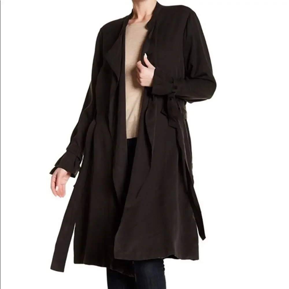 Splendid Sandwash Twill Drape Trench Coat. Black. Knee length.  Tie waist - Picture 3 of 12
